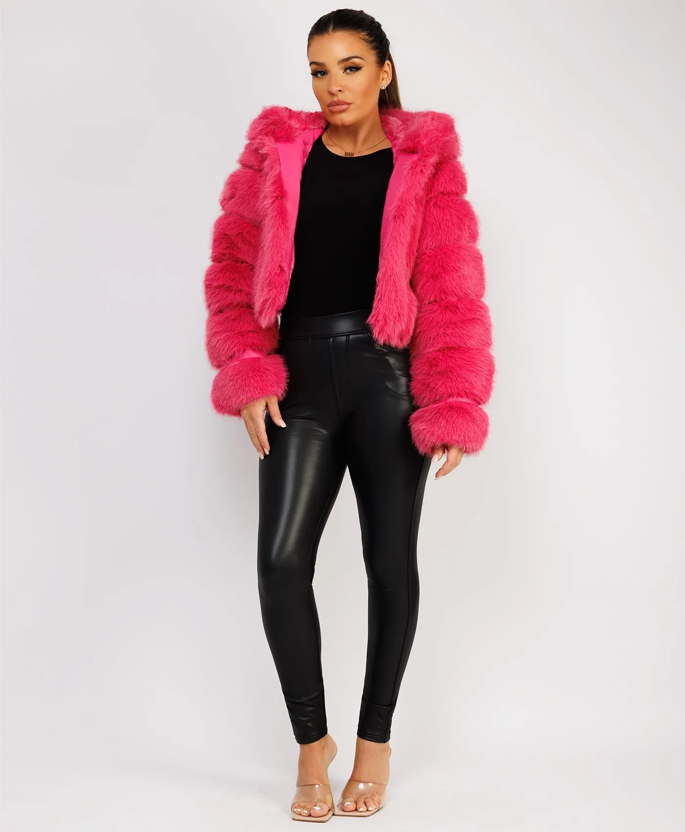 Pink Faux Fur Striped Panel Hooded Coat Jacket