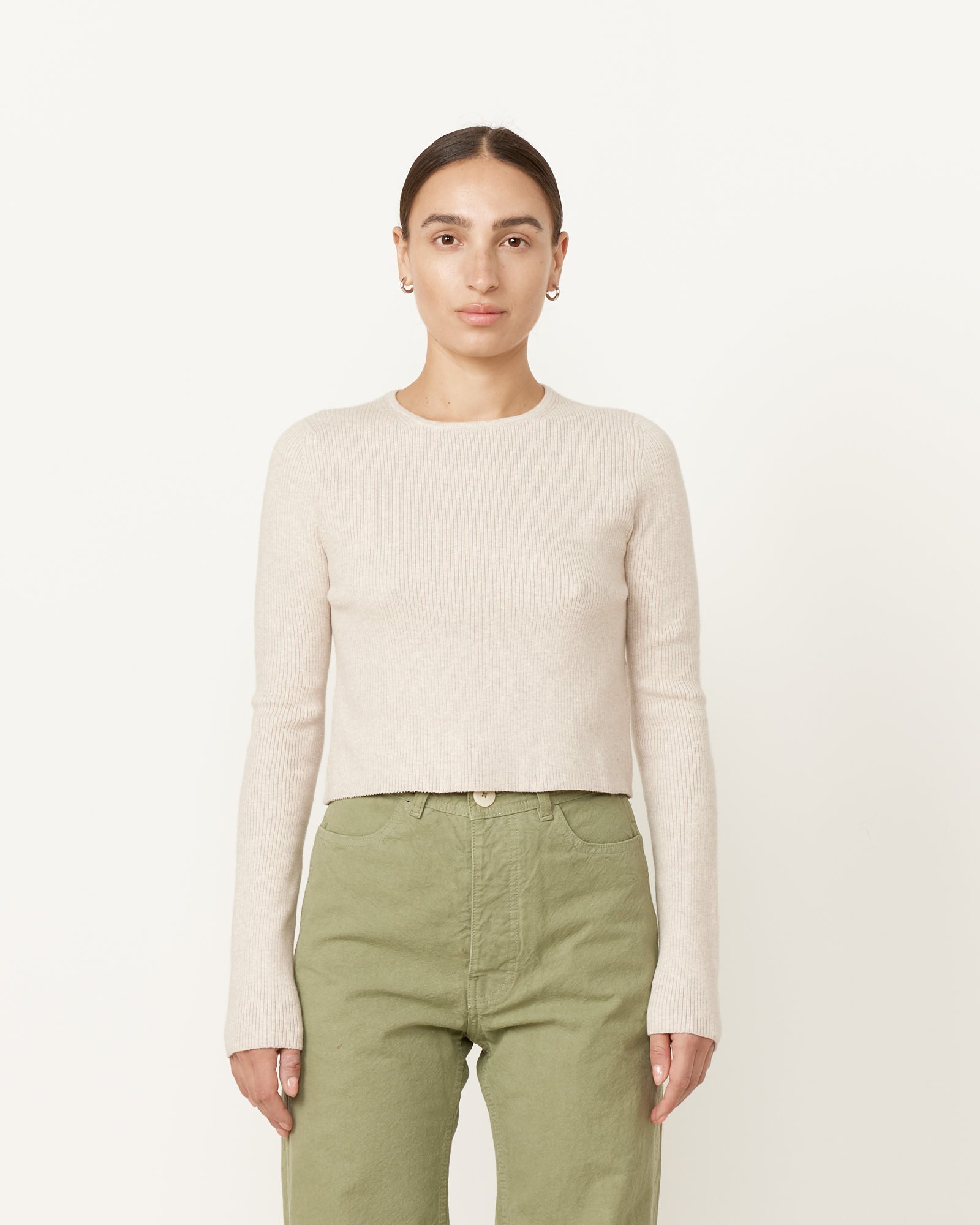 Rib Crop Crewneck in Chalk Melange