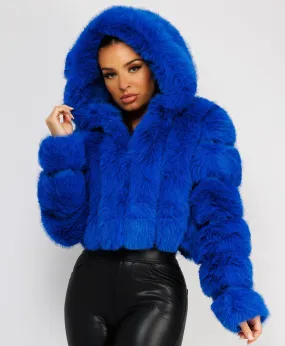 Royal Blue Faux Fur Striped Panel Hooded Coat Jacket