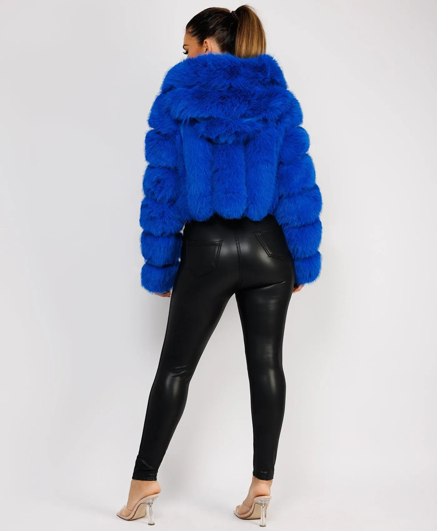 Royal Blue Faux Fur Striped Panel Hooded Coat Jacket