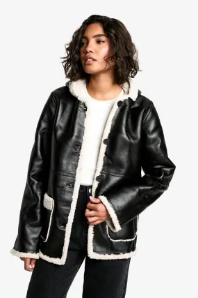 Tall Borg Lined Faux Leather Hooded Coat