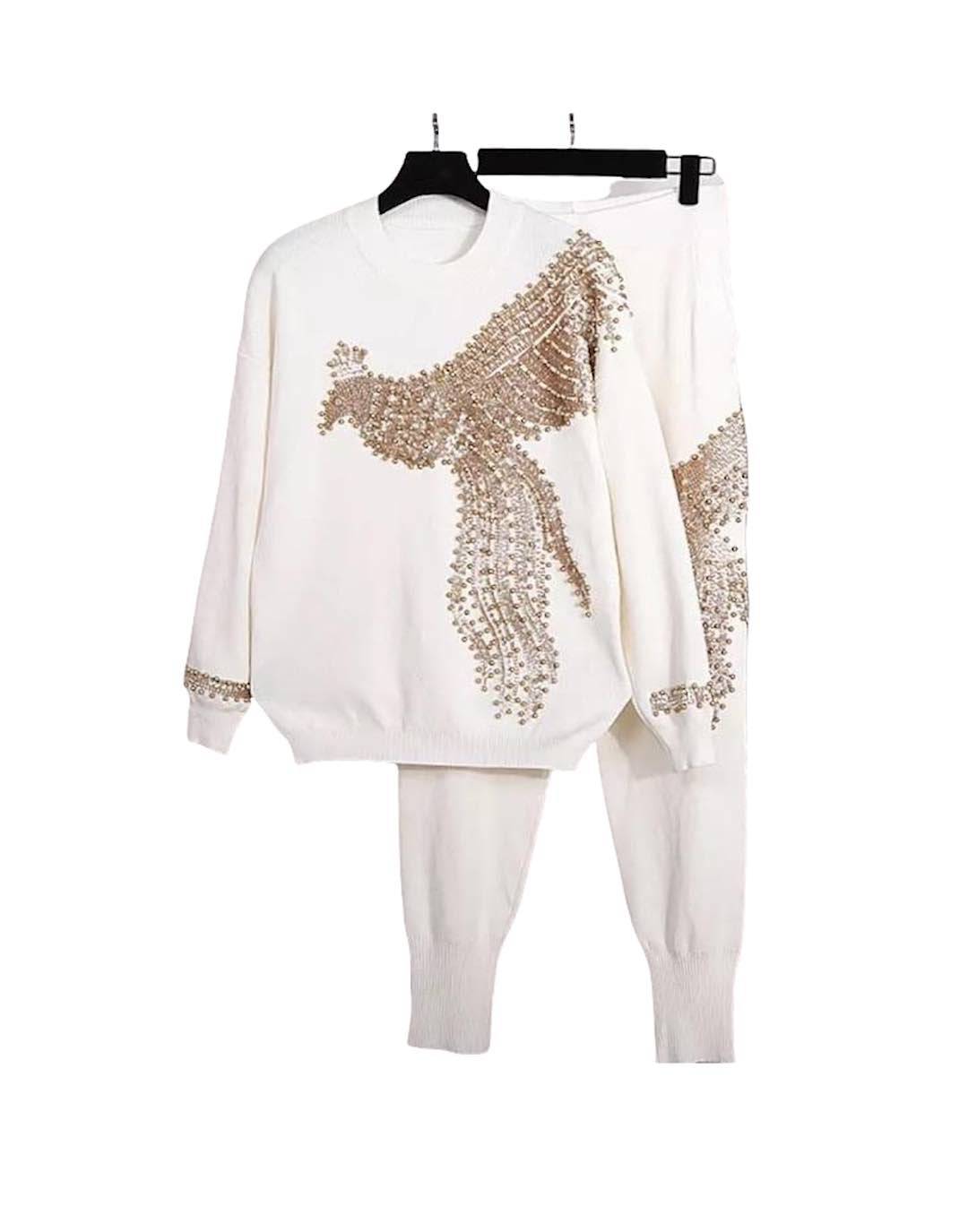 Two Piece Loungewear With Bird Gold Beadings