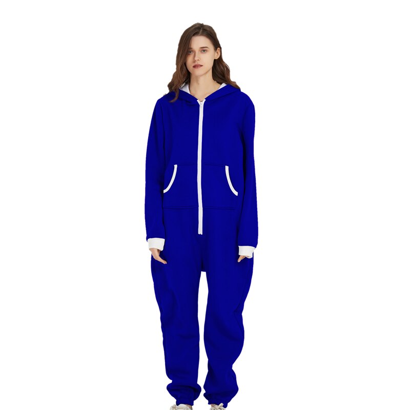 Unisex Indoor Loungewear Jumpsuits Hooded Pockets  Zipper One Piece Solid Pajamas