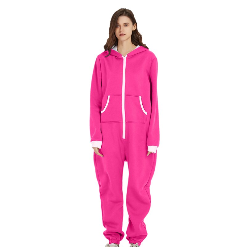 Unisex Indoor Loungewear Jumpsuits Hooded Pockets  Zipper One Piece Solid Pajamas