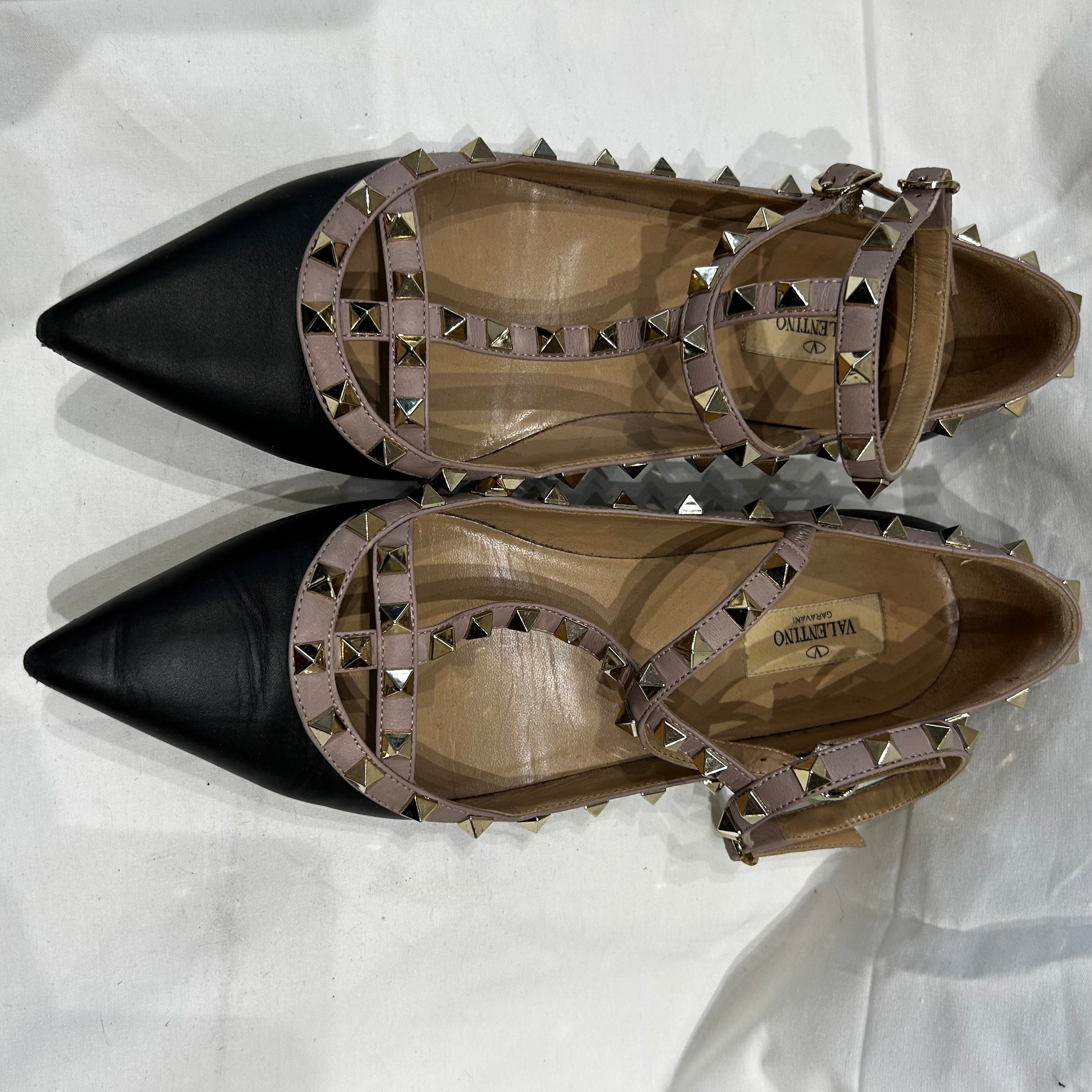 Valentino 780 Black & Nude Rockstud Ankle Strap Flats 40.5