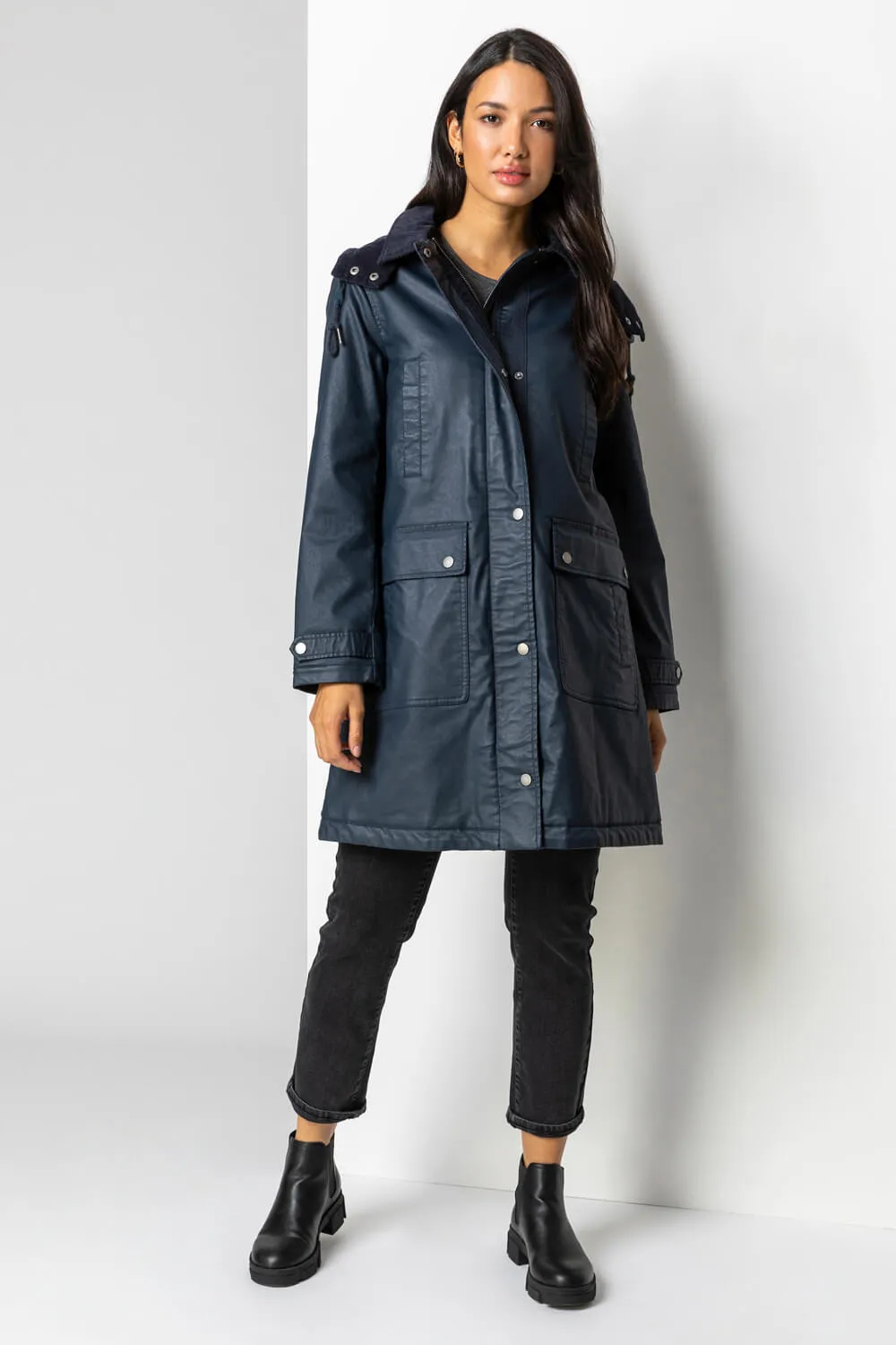 Waxed Longline Hooded Coat in Navy - Roman Originals UK