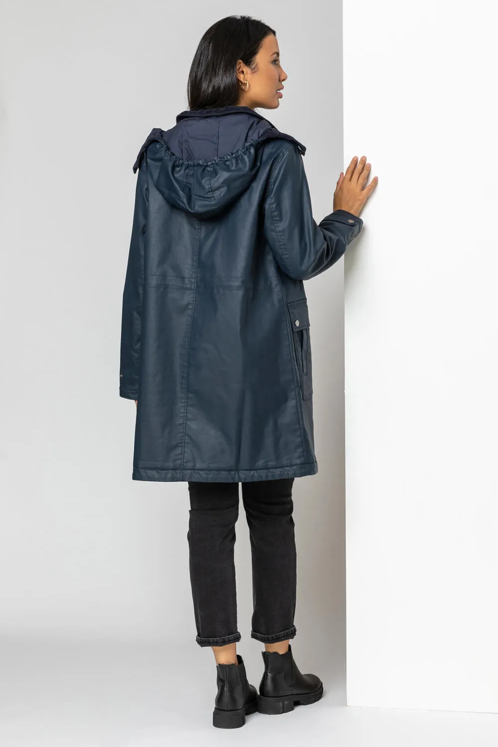 Waxed Longline Hooded Coat in Navy - Roman Originals UK