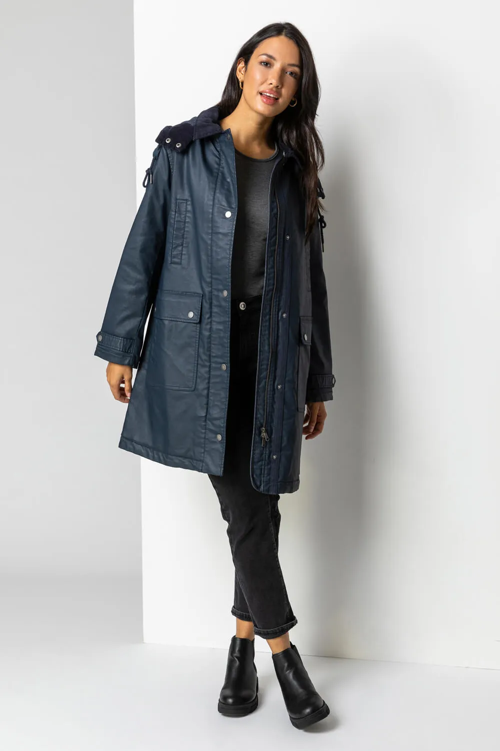 Waxed Longline Hooded Coat in Navy - Roman Originals UK