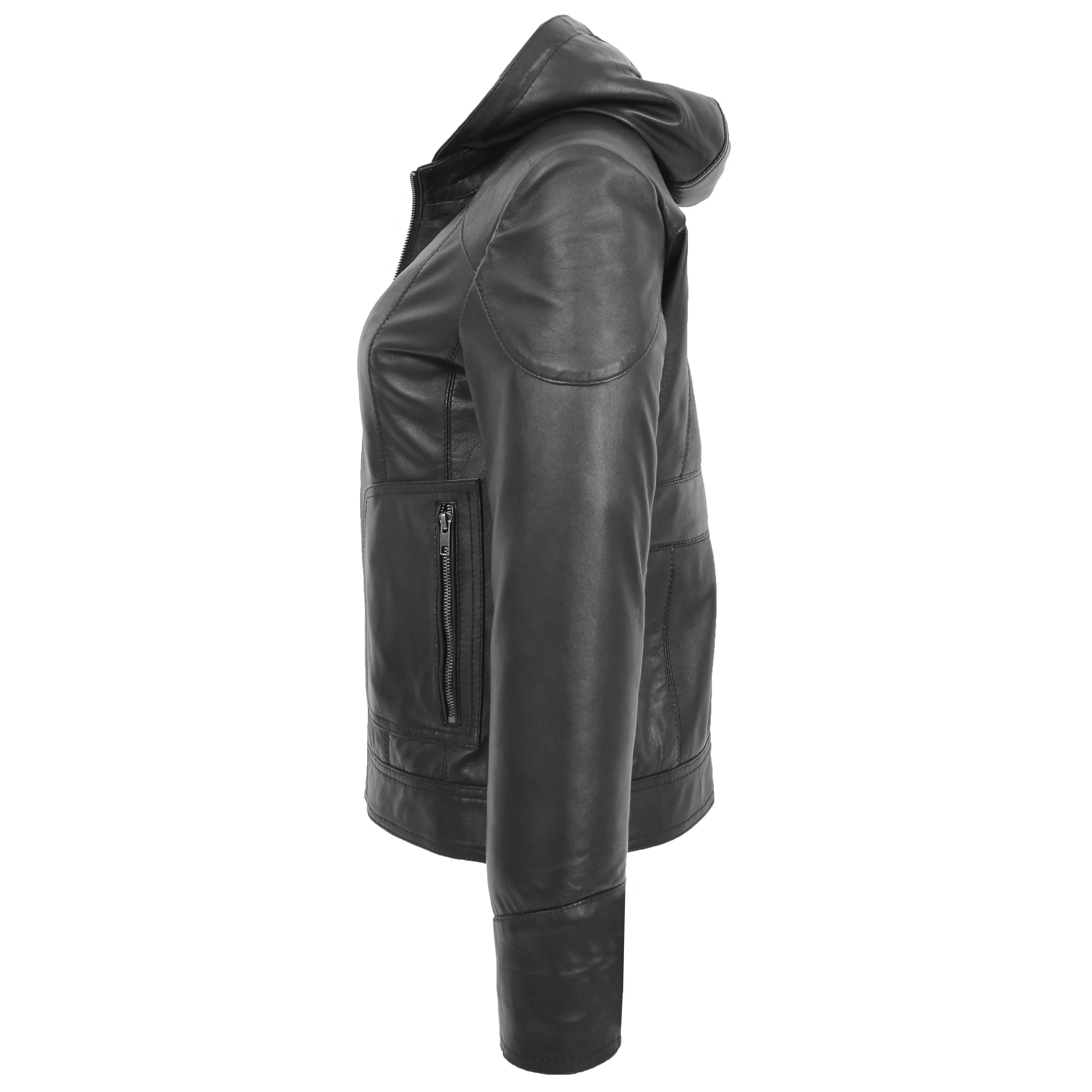 Womens Leather Detachable Hooded Coat Brooke Black